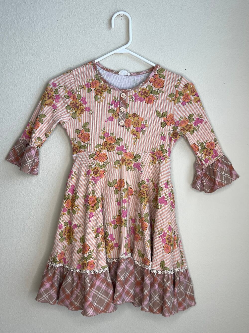 Finding Foxtale Girls Floral and Plaid Mixed Media Henley Dress Size 6